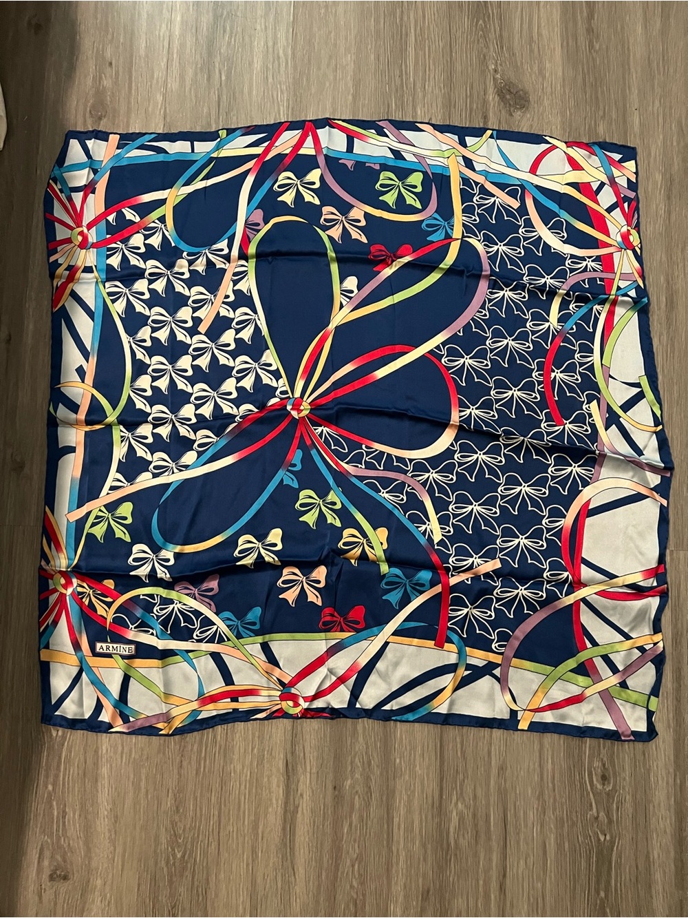 Armine Navy Multicolor Bow Print 100% Silk Scarf
